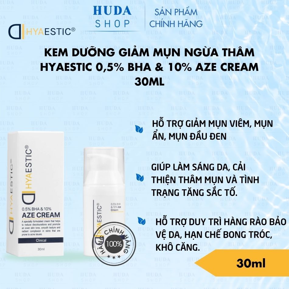Kem dưỡng giảm mụn ngừa thâm Hyaestic 0,5% BHA & 10% Aze Cream 30ml