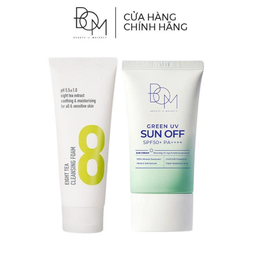 Combo Sữa Rửa Mặt 8 Loại Trà và Kem Chống Nắng Green UV SPF50+/PA++++ BOM Eight Tea 150ml & 50ml