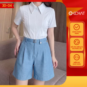 Quần Đùi Nữ 𝐂𝐂𝐇𝐀𝐓 Dáng Suông Lửng Denim Nina Đai Nhỏ Trang Trí Chất Liệu Cao Cấp 16ONS2008ST