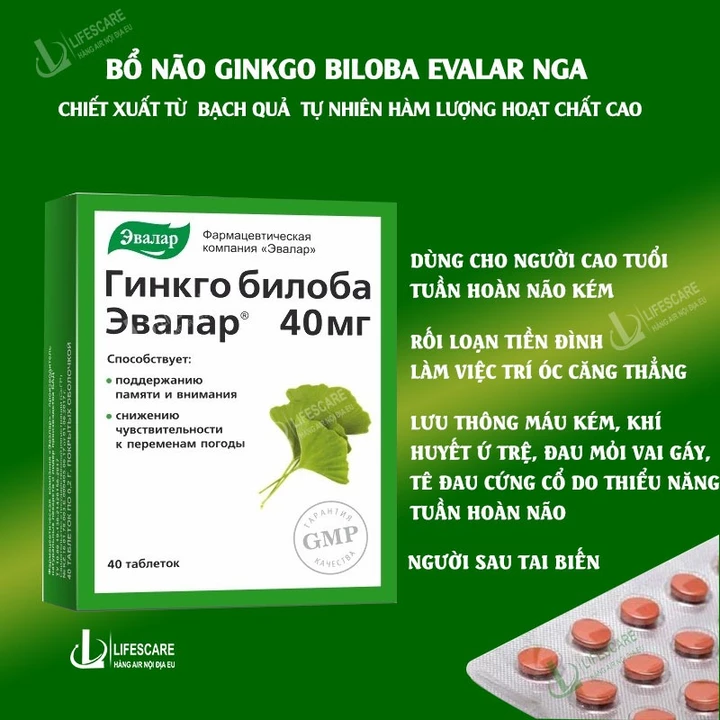 Bổ não Evalar Ginkgo Biloba Nga, tăng cường trí nhớ, giảm căng thẳng mệt mỏi, 40 viên-lifescare