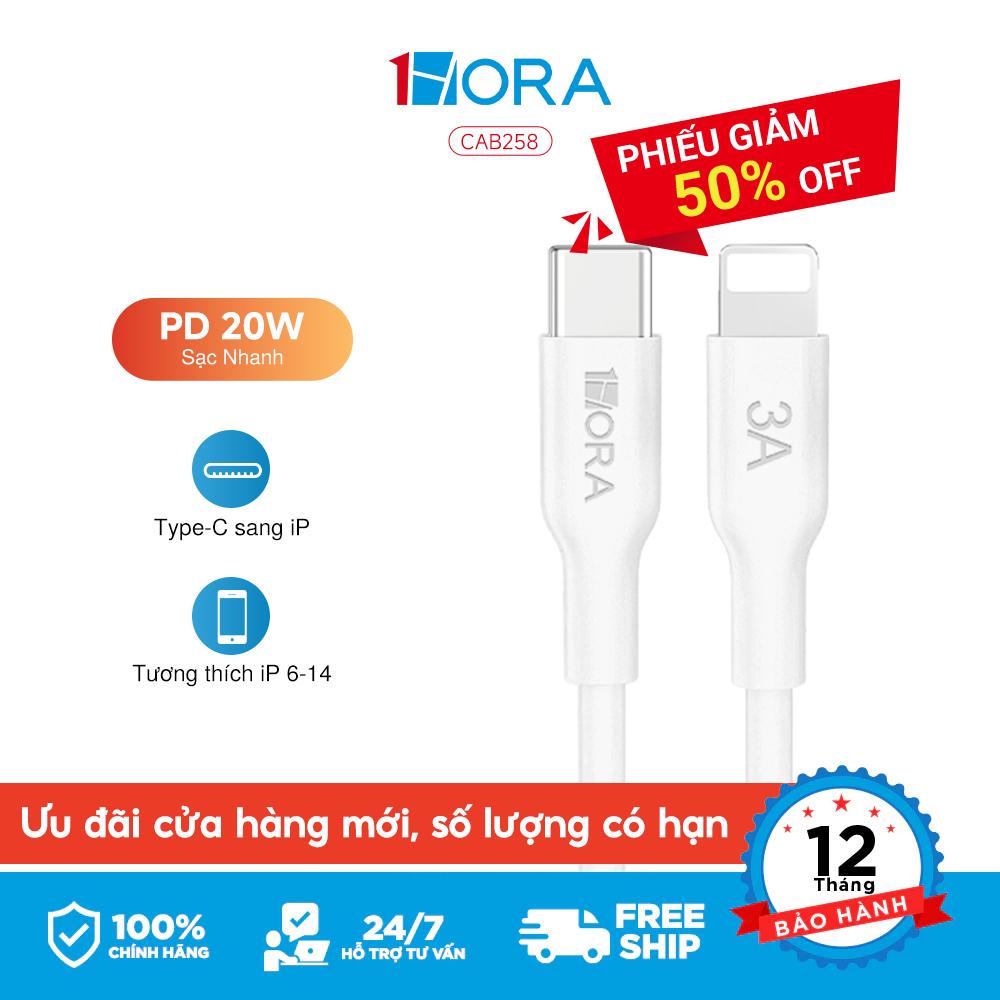 1HORA Dây cáp sạc nhanh PD 20W Type C to Phone thích hợp cho Phone 11, 12, 13, 14 PM Silicone cao cấp