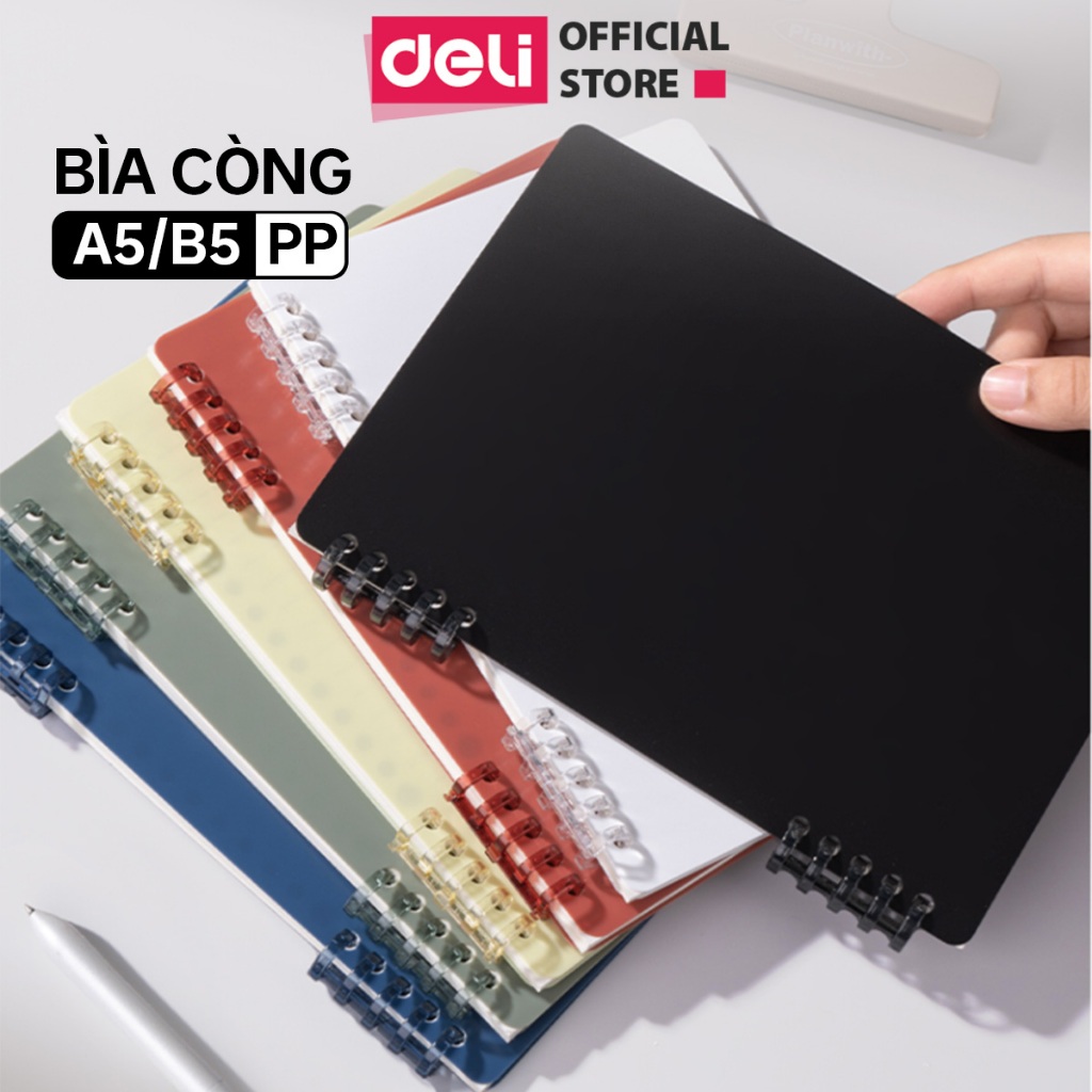 Sổ Tay Bìa Còng Deli A5 / B5 Bìa Nhựa PP Cao Cấp - Chống Nước, Gập 360 Độ, Lò Xo Thay Giấy Dễ Dàng
