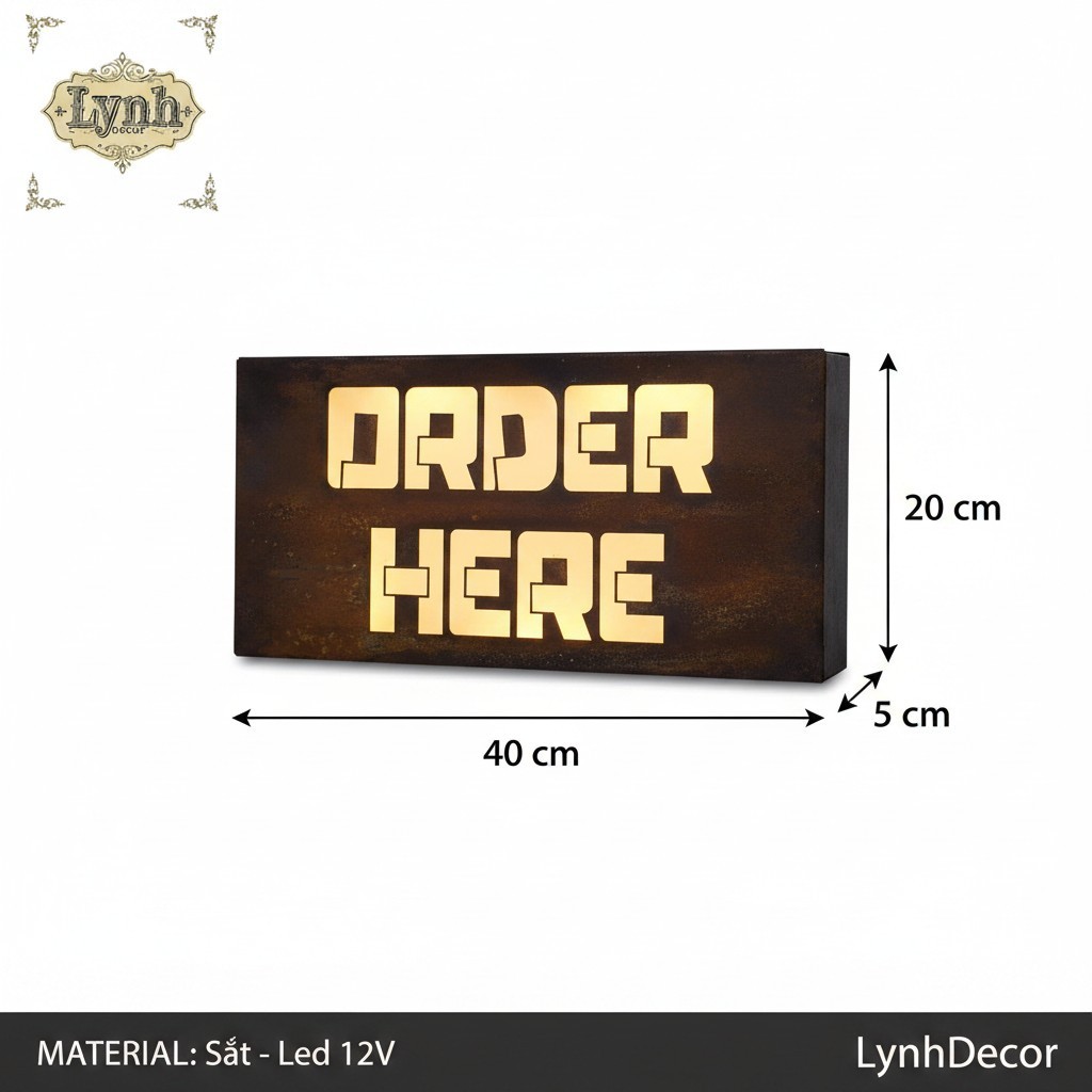 Bảng hiệu sắt Rỉ sét Order Here đèn LED treo tường ngoài trời, LynhDecor