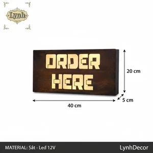 Bảng hiệu sắt Rỉ sét Order Here đèn LED treo tường ngoài trời, LYNHDECOR