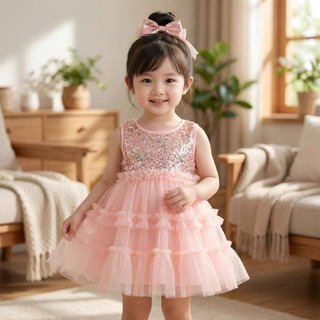 Váy công chúa bé gái dự tiệc 9th-4 tuổi thun cotton kim sa lấp lánh tặng kèm cài tóc xinh D1302
