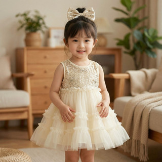 Váy công chúa bé gái dự tiệc 9th-4 tuổi thun cotton kim sa lấp lánh tặng kèm cài tóc xinh D1302