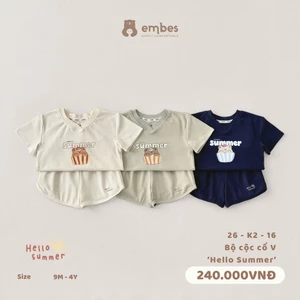 Bộ Cộc Cho Bé Embes, Bộ Cộc Tay Cổ V In Họa Tiết Summer Chất Mềm Mát Cho Bé Trai Bé Gái Từ 8-17Kg