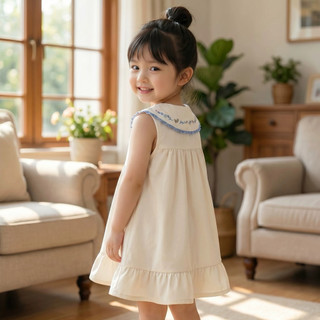 Váy bé gái 6th-3 tuổi dáng xòe đi học đi chơi cổ búp bê thêu phối nơ màu be phong cách Hàn D1300