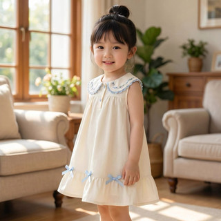 Váy bé gái 6th-3 tuổi dáng xòe đi học đi chơi cổ búp bê thêu phối nơ màu be phong cách Hàn D1300