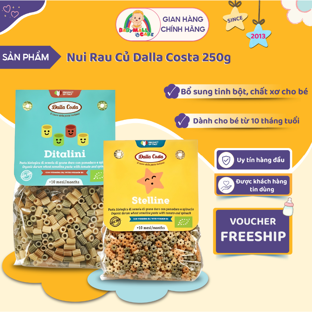 Nui Rau Củ Dalla Costa 250g Bổ Sung Chất Xơ, Vitamin, Dinh Dưỡng, Khoáng Chất Cho Bé | Babymall&Care