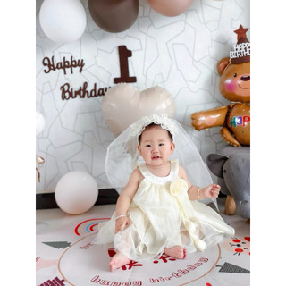 Váy bé gái dự tiệc sinh nhật 3th-3 tuổi cổ tròn vải tơ óng phối lưới kiểu dáng bông hoa D1294
