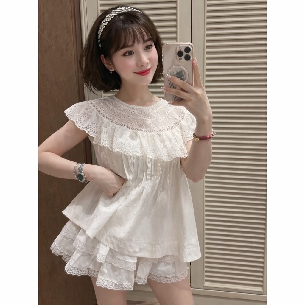 Set áo thô boi cổ phối ren kèm chân váy cạp chun bèo tầng, áo kèm chân váy siêu xinh TAM S54