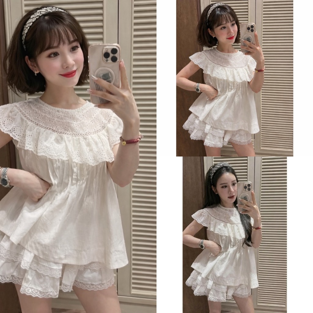 Set áo thô boi cổ phối ren kèm chân váy cạp chun bèo tầng, áo kèm chân váy siêu xinh TAM S54