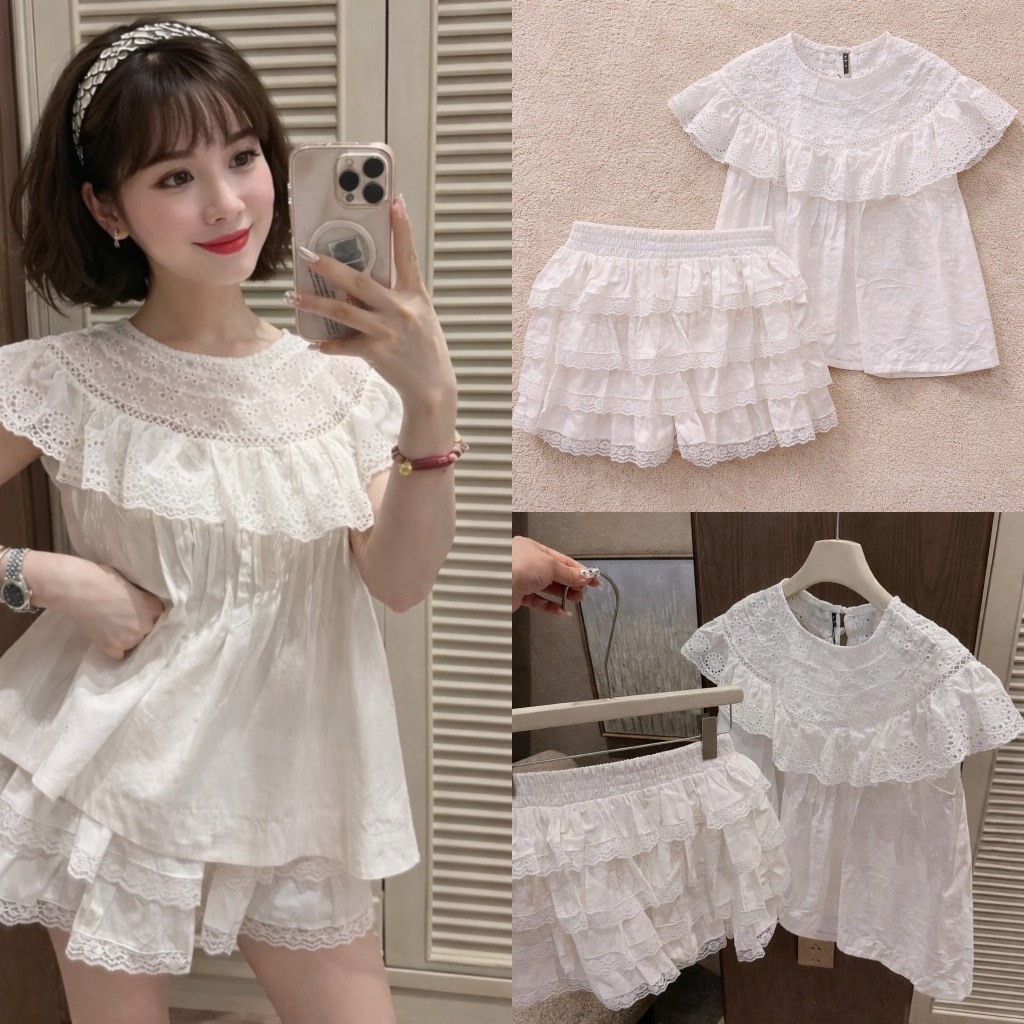 Set áo thô boi cổ phối ren kèm chân váy cạp chun bèo tầng, áo kèm chân váy siêu xinh TAM S54