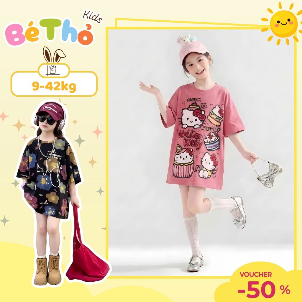 Áo phông giấu quần cho bé gái dễ thương, phong cách năng động Sz 9 - 43kg