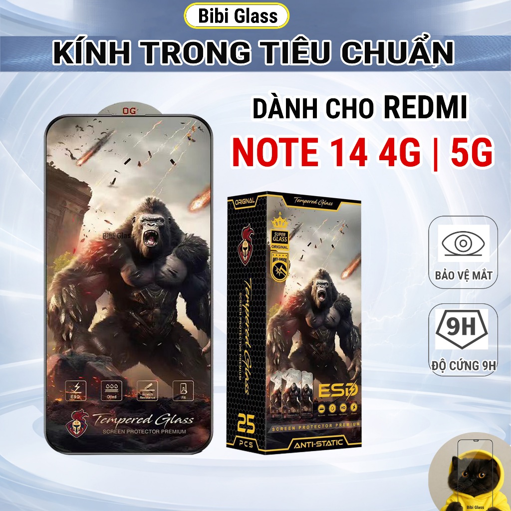 Kính cường lực Redmi Note 14 4G 5G cao cấp full màn trong suốt bảo vệ màn hình điện thoại bibi