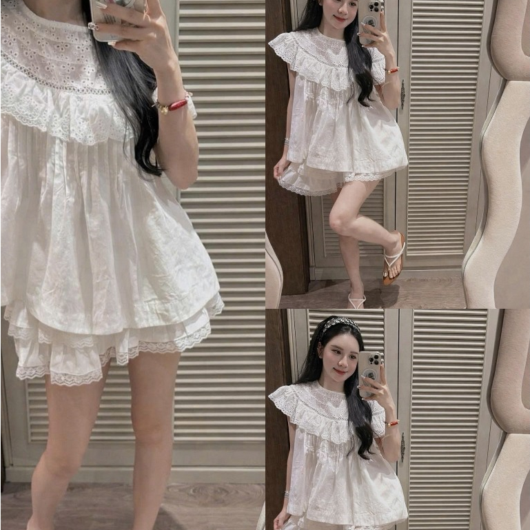 Set áo thô boi cổ phối ren kèm chân váy cạp chun bèo tầng, áo kèm chân váy siêu xinh TAM S54