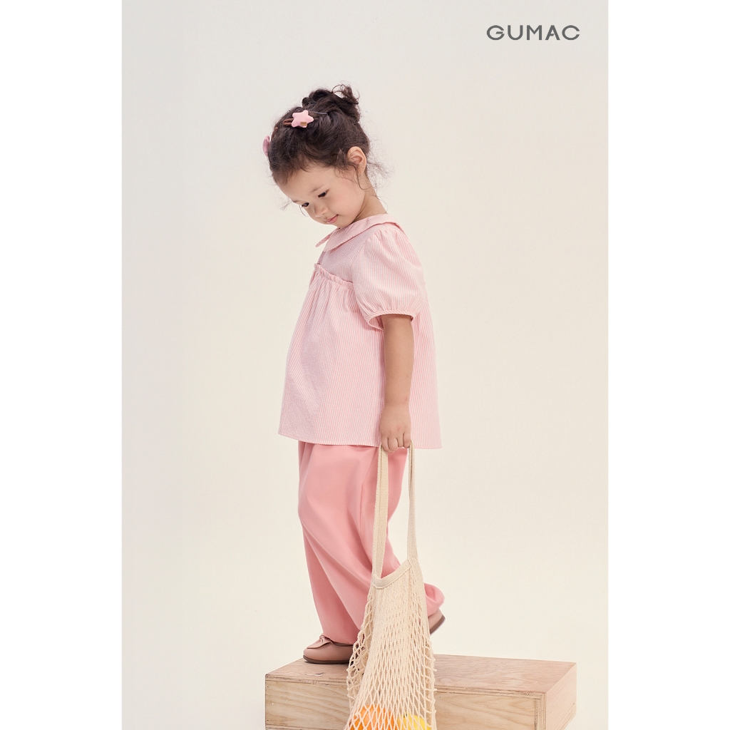 Áo Kiểu Bé Gái GUMAC Form Babydoll Cổ Lá Sen Tay Phồng Kate Sọc Tiểu Thư AKG04050