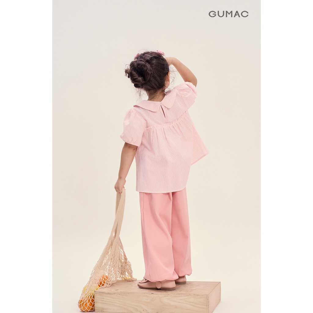 Áo Kiểu Bé Gái GUMAC Form Babydoll Cổ Lá Sen Tay Phồng Kate Sọc Tiểu Thư AKG04050