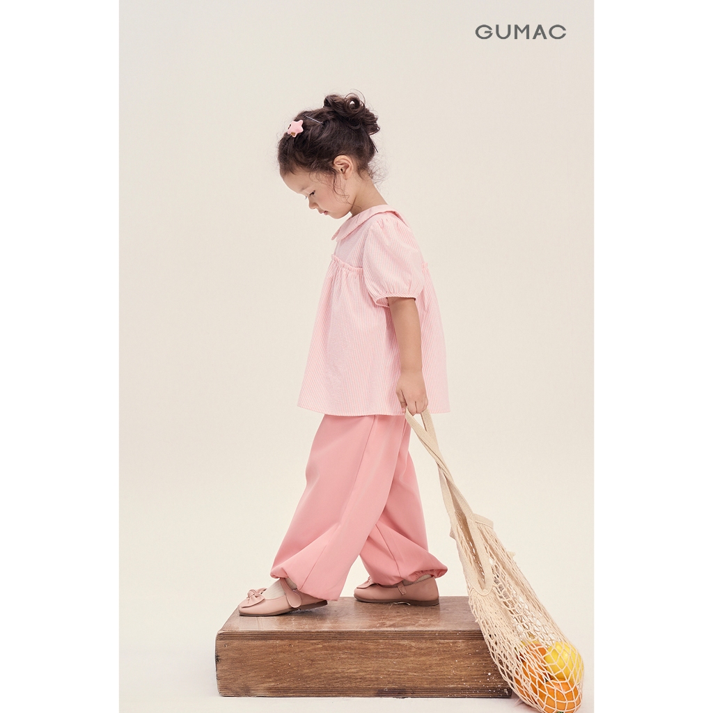 Áo Kiểu Bé Gái GUMAC Form Babydoll Cổ Lá Sen Tay Phồng Kate Sọc Tiểu Thư AKG04050