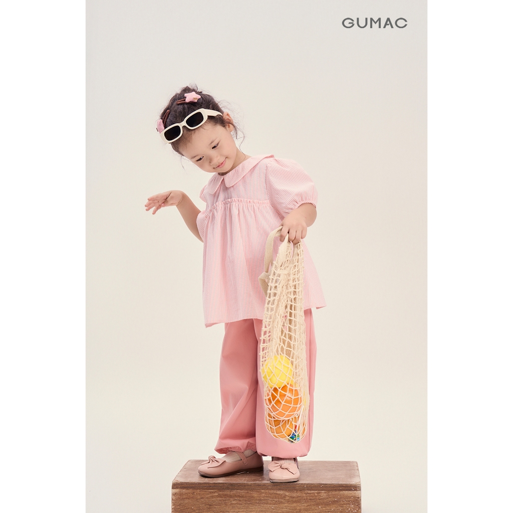 Áo Kiểu Bé Gái GUMAC Form Babydoll Cổ Lá Sen Tay Phồng Kate Sọc Tiểu Thư AKG04050