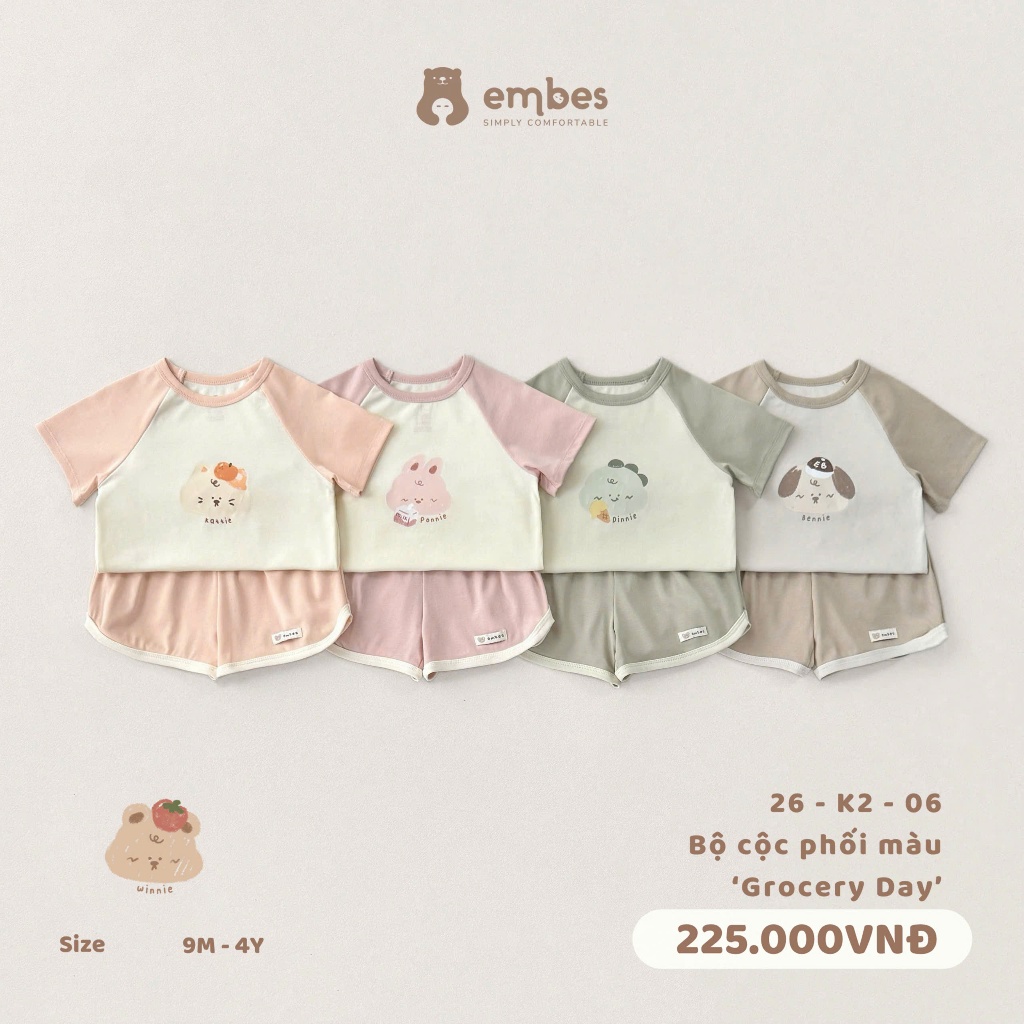 Bộ Cộc Tay Cho Bé Embes, Bộ Cộc Tay In Họa Tiết Chất Cotton Mềm Mát Cho Bé Trai Bé Gái Từ 8-18Kg