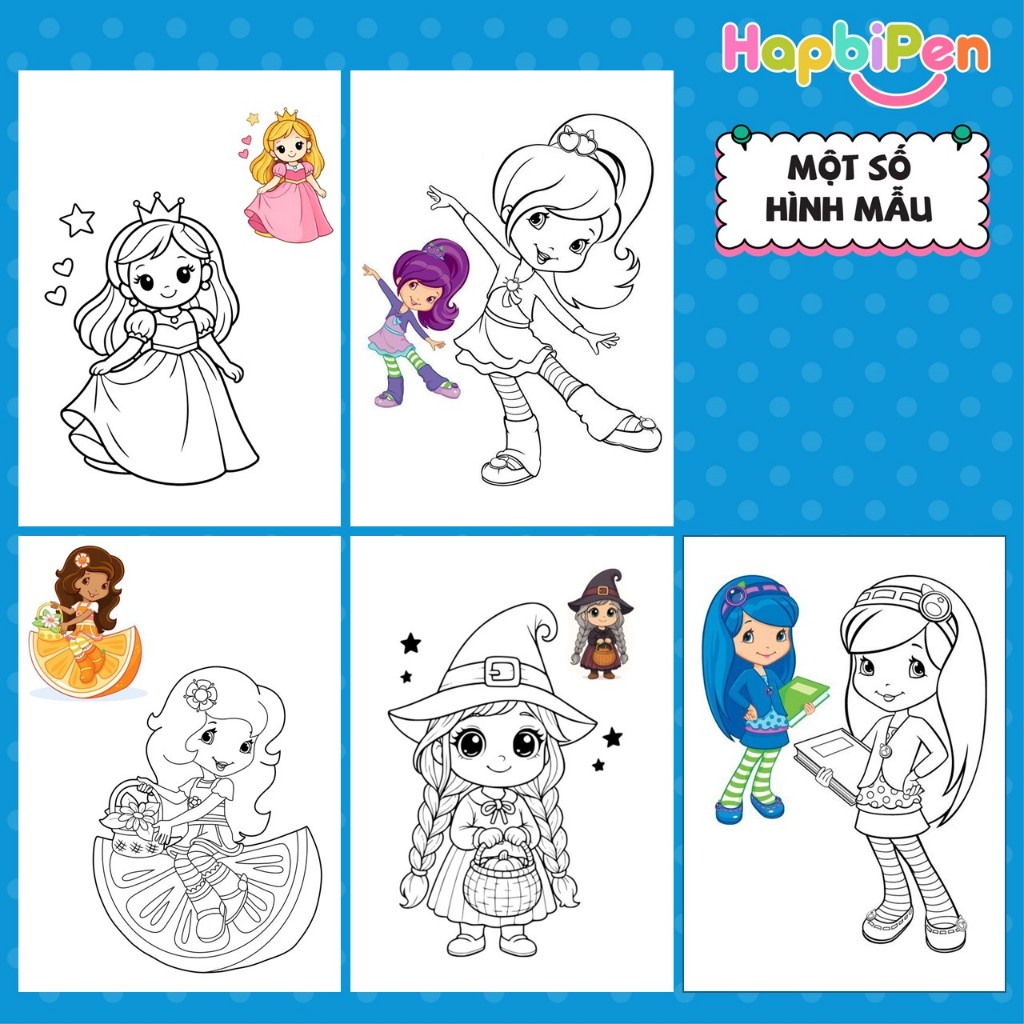 Tranh tô màu cho bé gái với chủ đề Công chúa chibi có hướng dẫn tô màu gồm 30 Trang A4, A5 TTM012