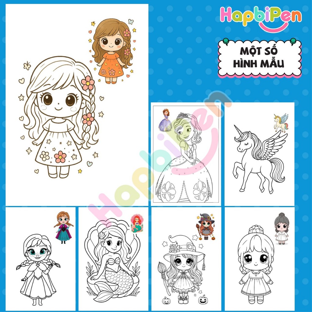 Tranh tô màu cho bé gái với chủ đề Công chúa chibi có hướng dẫn tô màu gồm 30 Trang A4, A5 TTM012