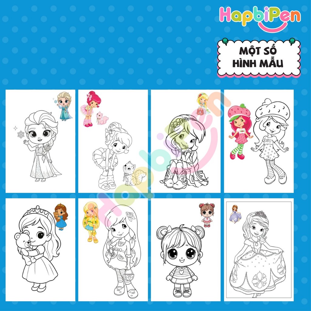 Tranh tô màu cho bé gái với chủ đề Công chúa chibi có hướng dẫn tô màu gồm 30 Trang A4, A5 TTM012