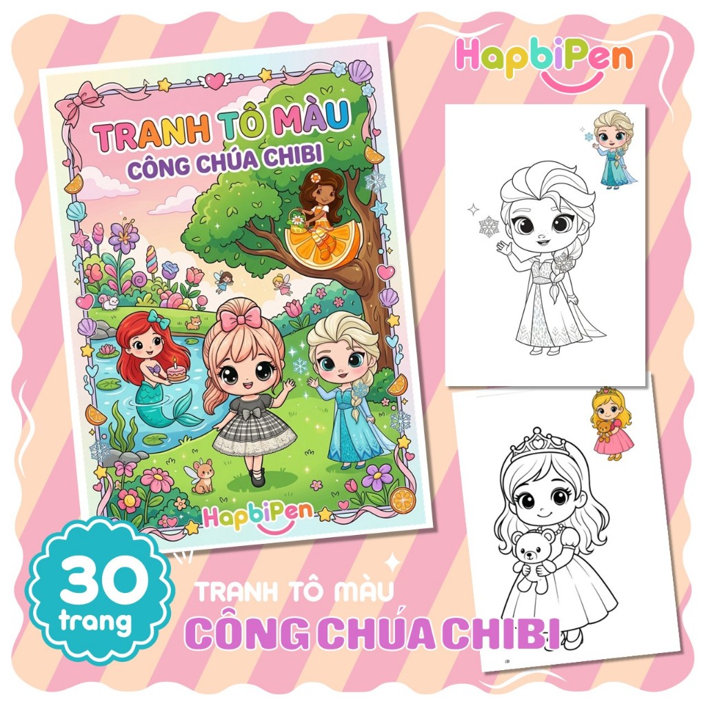 Tranh tô màu cho bé gái với chủ đề Công chúa chibi có hướng dẫn tô màu gồm 30 Trang A4, A5 TTM012