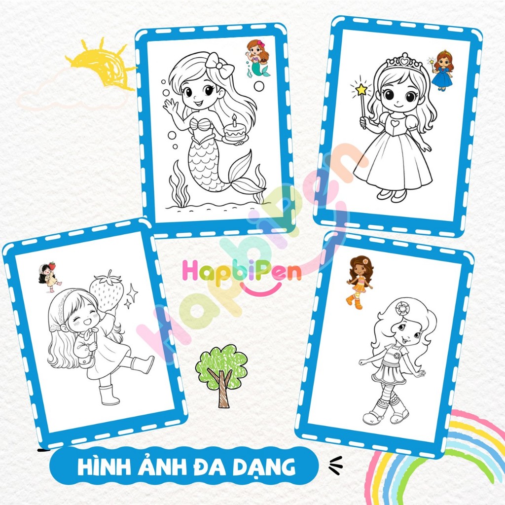 Tranh tô màu cho bé gái với chủ đề Công chúa chibi có hướng dẫn tô màu gồm 30 Trang A4, A5 TTM012