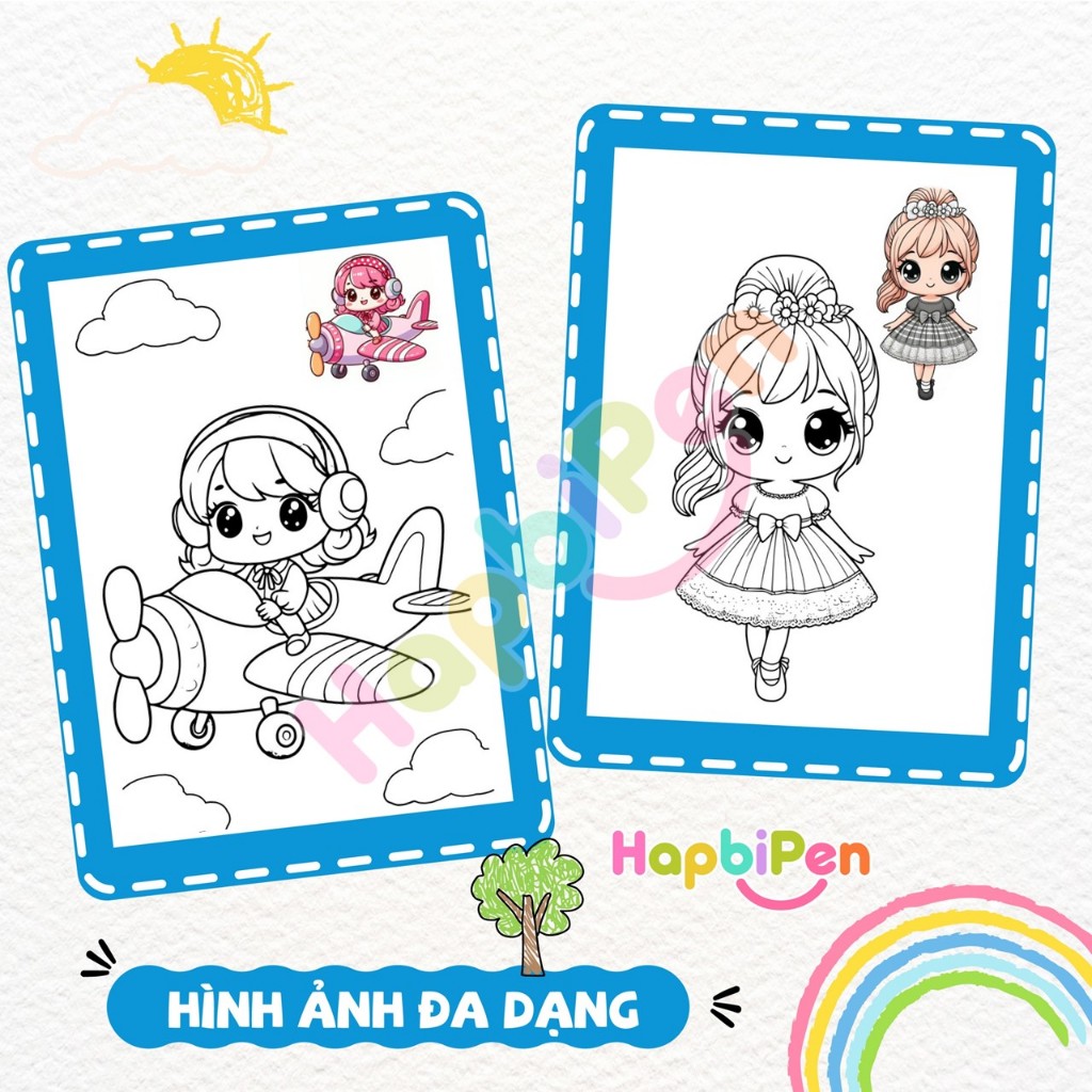 Tranh tô màu cho bé gái với chủ đề Công chúa chibi có hướng dẫn tô màu gồm 30 Trang A4, A5 TTM012