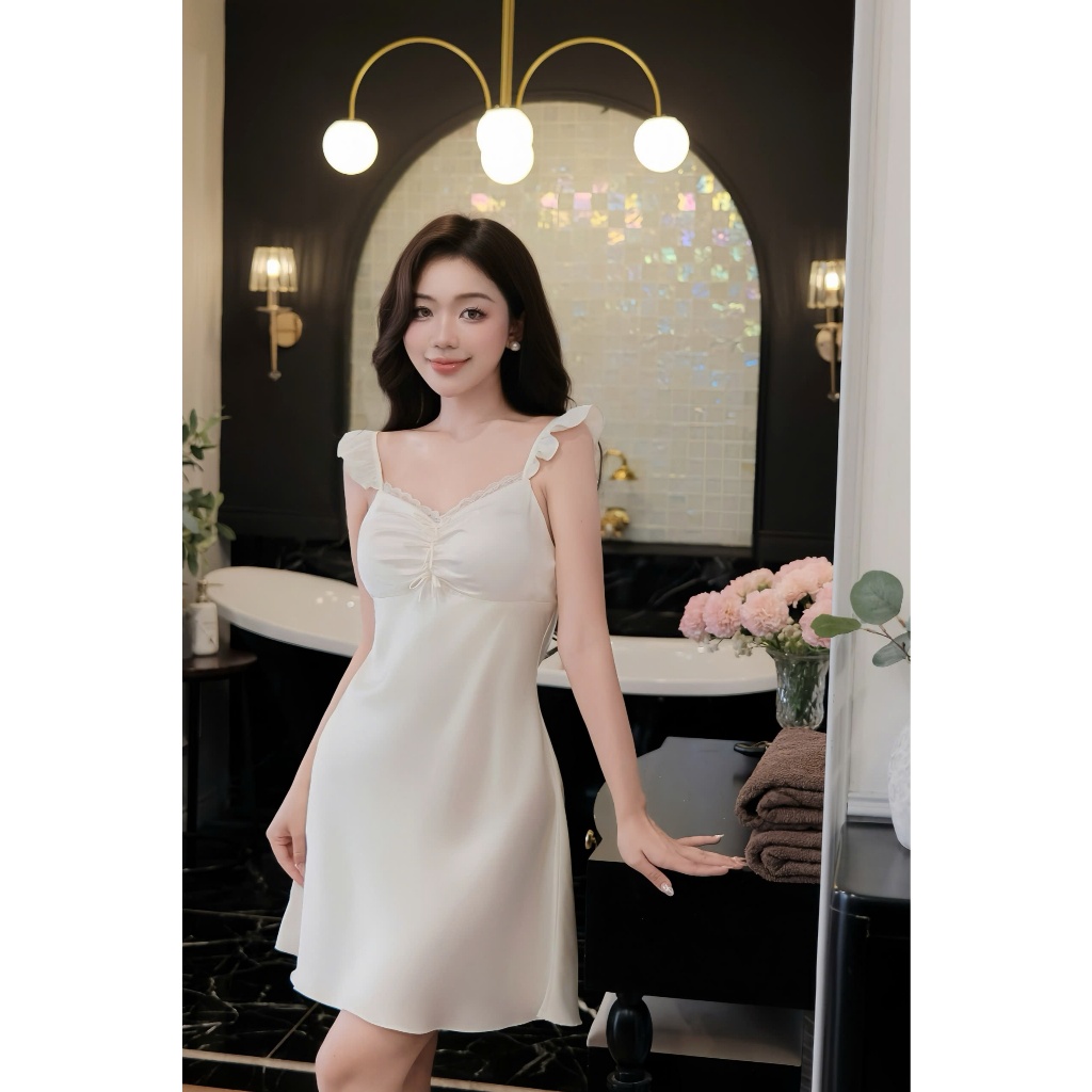 Váy Lụa Ngủ 2 Dây Cánh Tiên, Lụa Latin Thiết Kế Cao Cấp - Đầm Ngủ Lụa Mặc Nhà Mellieva