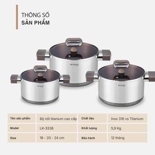 Bộ 3 Nồi Inox Titanium Lock&King LK-3338 Chính Hãng - Chất Liệu 316 Cao Cấp, Quà Tặng Tân Gia