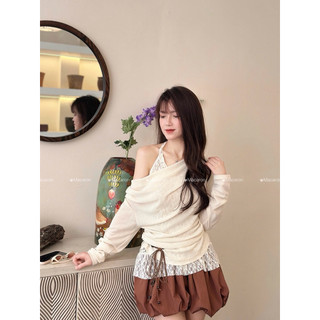 Set áo trễ vai kèm yếm ren, phối quần bí sang chảnh, chất liêu mềm phối quần bí gió nhăn bamboo thoáng mát-002 Macaron