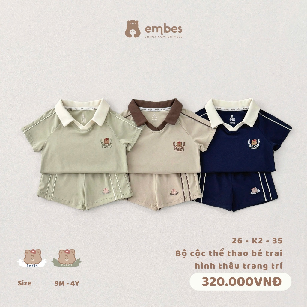 Bộ Cộc Bé Trai Embes, Bộ Polo Cộc Tay Dáng Thể Thao Thêu Hình Chất Cotton Cho Bé Tai Size Từ 8-17Kg