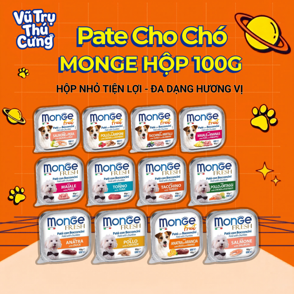 Pate cho Chó MONGE hộp 100g, từ Thịt và Rau củ quả, cung cấp chất xơ và Vitamin cho Chó