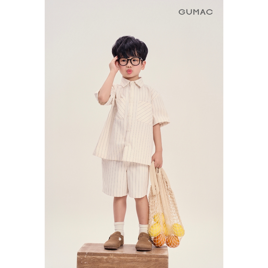 Set Bé Trai GUMAC - Áo Sơ Mi Linen Sọc AKG04052 Quần Short Thoáng Mát SHKG04051