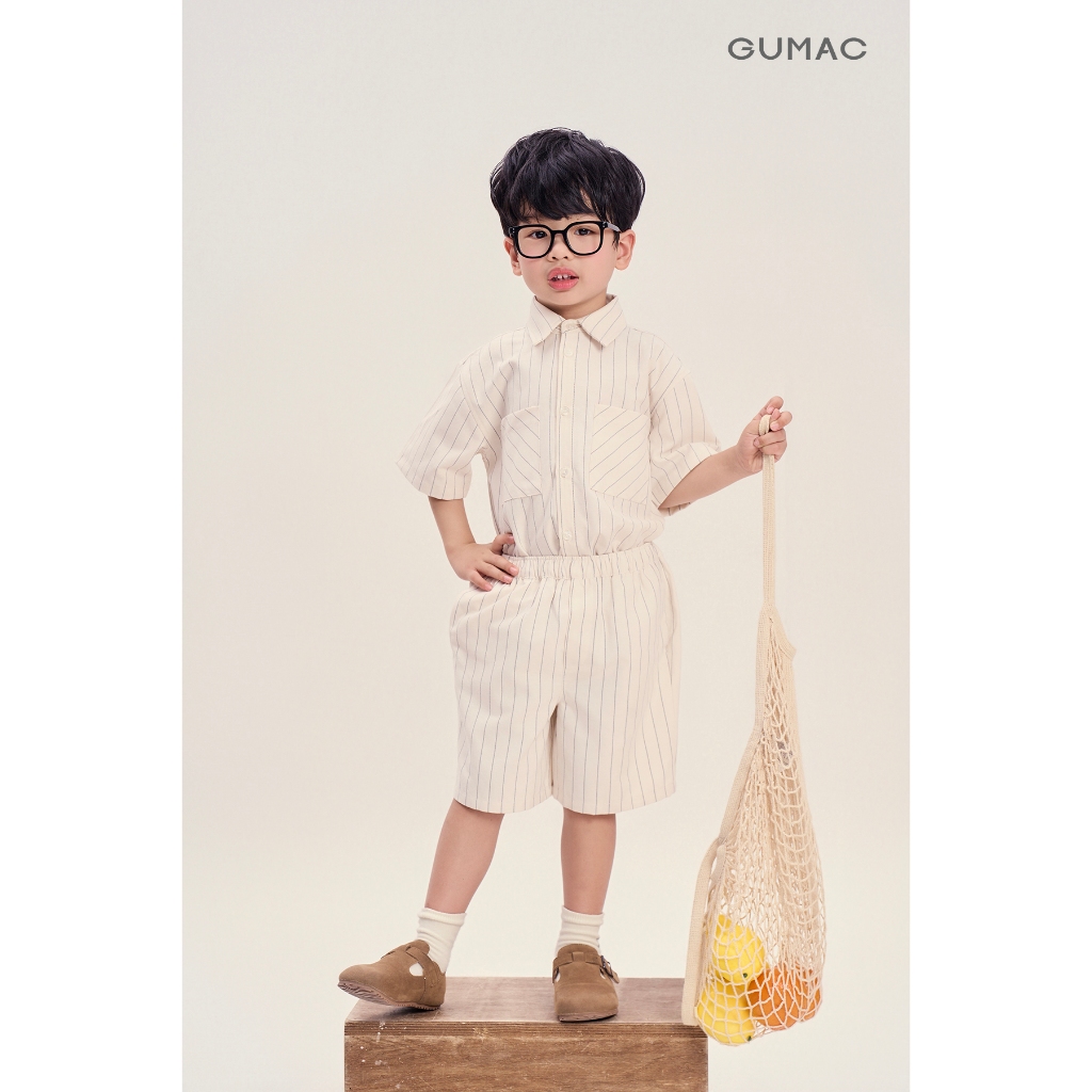 Set Bé Trai GUMAC - Áo Sơ Mi Linen Sọc AKG04052 Quần Short Thoáng Mát SHKG04051