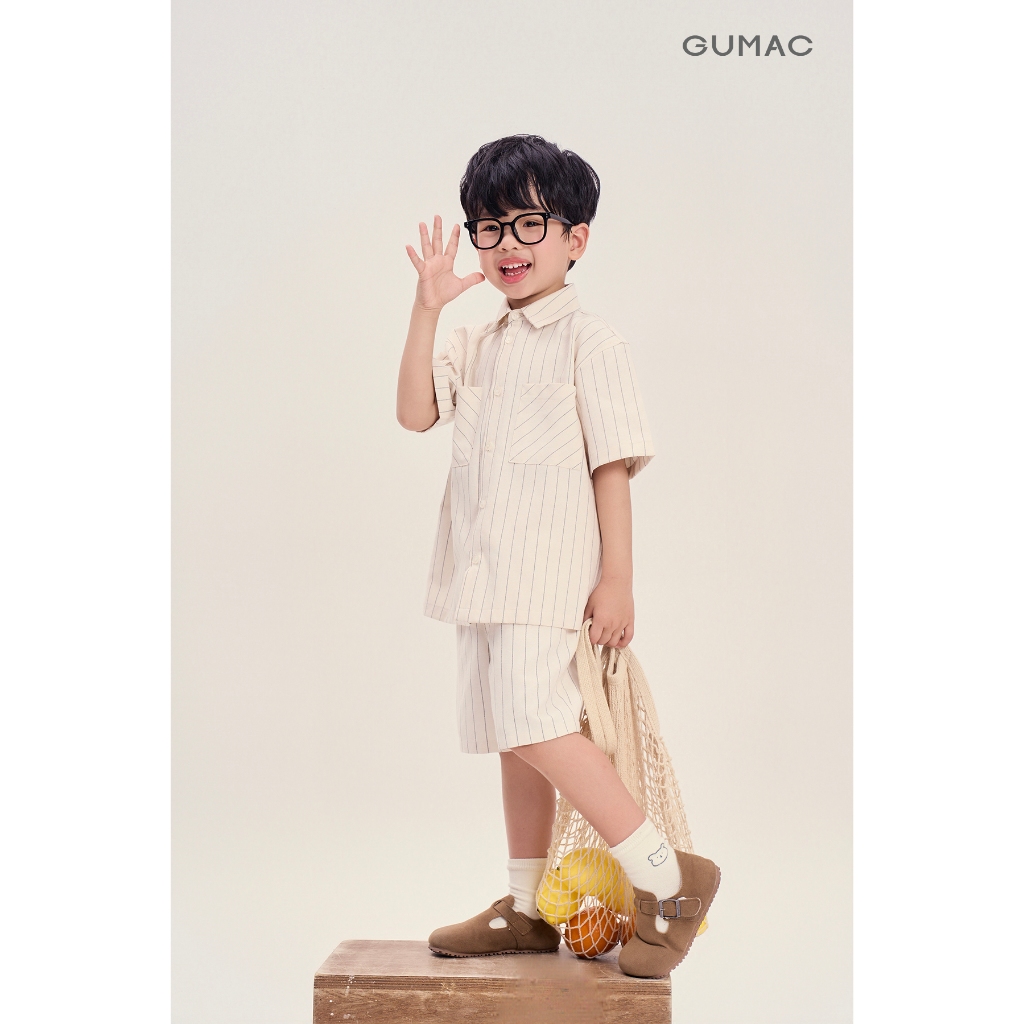Set Bé Trai GUMAC - Áo Sơ Mi Linen Sọc AKG04052 Quần Short Thoáng Mát SHKG04051