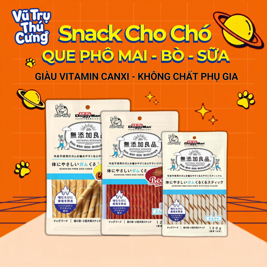 Snack Cho Chó Que Gặm Hương Sữa/Bò/Phô Mai DoggyMan 120g