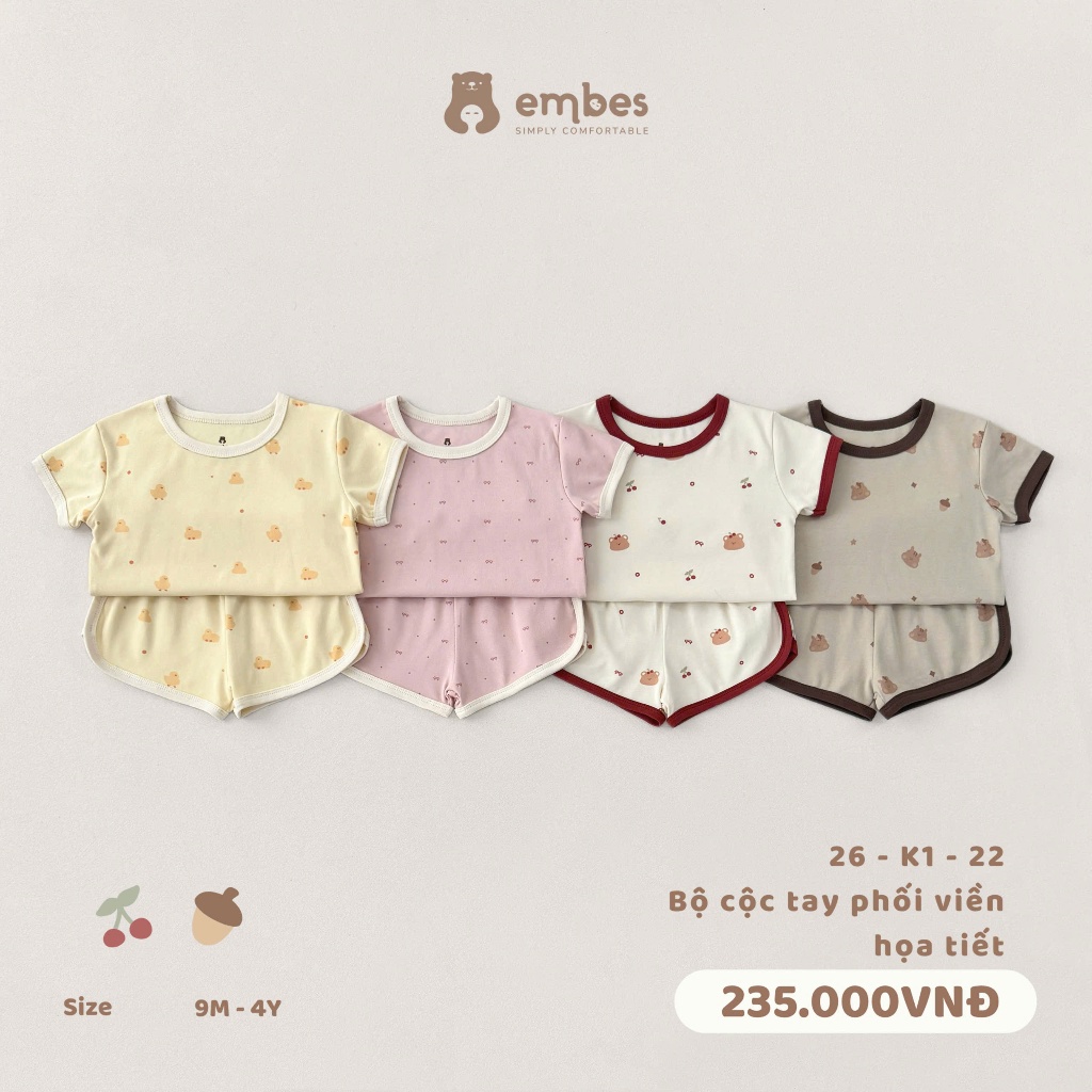 Bộ Cộc Cho Bé Embes, Bộ Cộc Tay In Họa Tiết Phối Quần Vạt Bầu Chất Mềm Cho Bé Trai Bé Gái Từ 8-18Kg