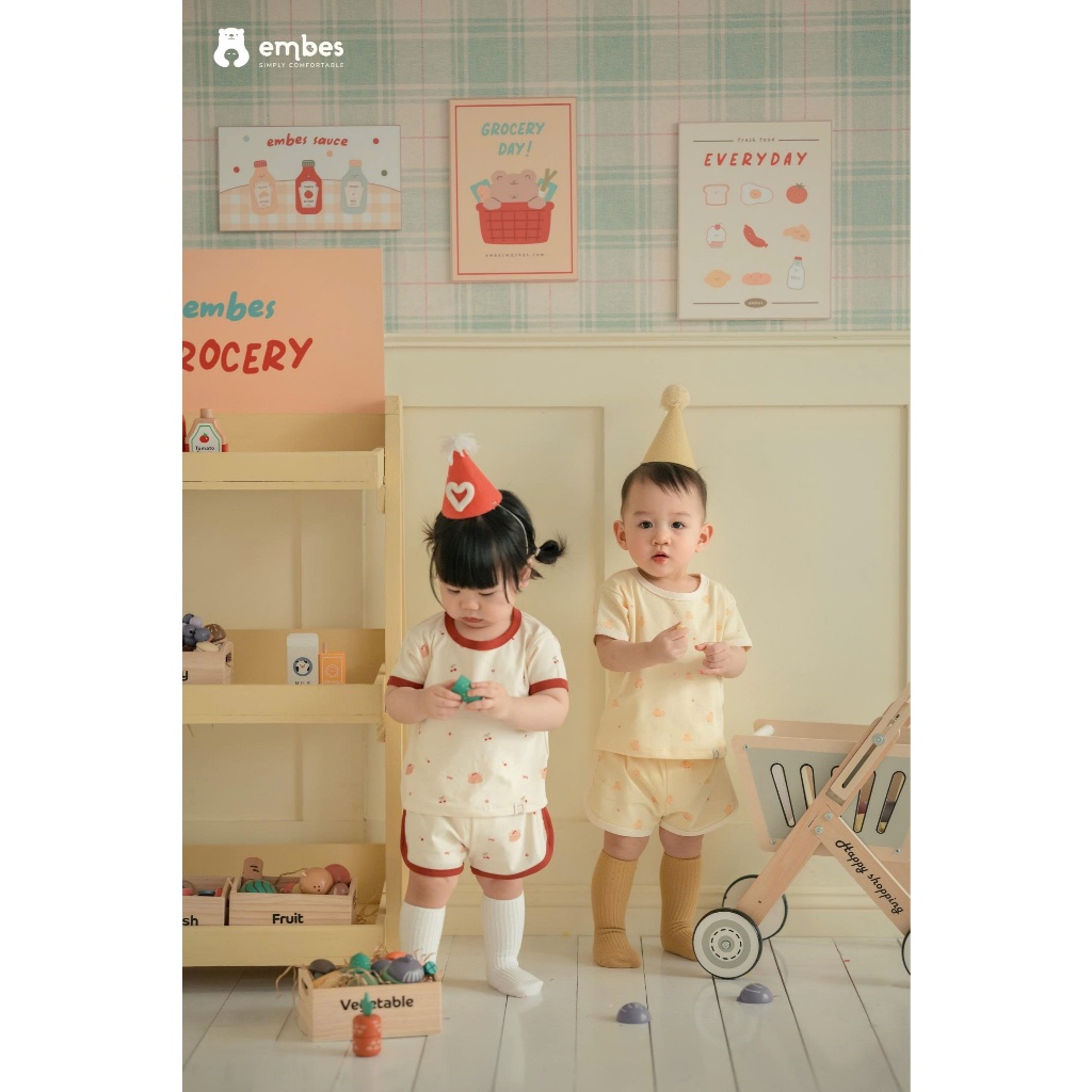 Bộ Cộc Cho Bé Embes, Bộ Cộc Tay In Họa Tiết Phối Quần Vạt Bầu Chất Mềm Cho Bé Trai Bé Gái Từ 8-18Kg
