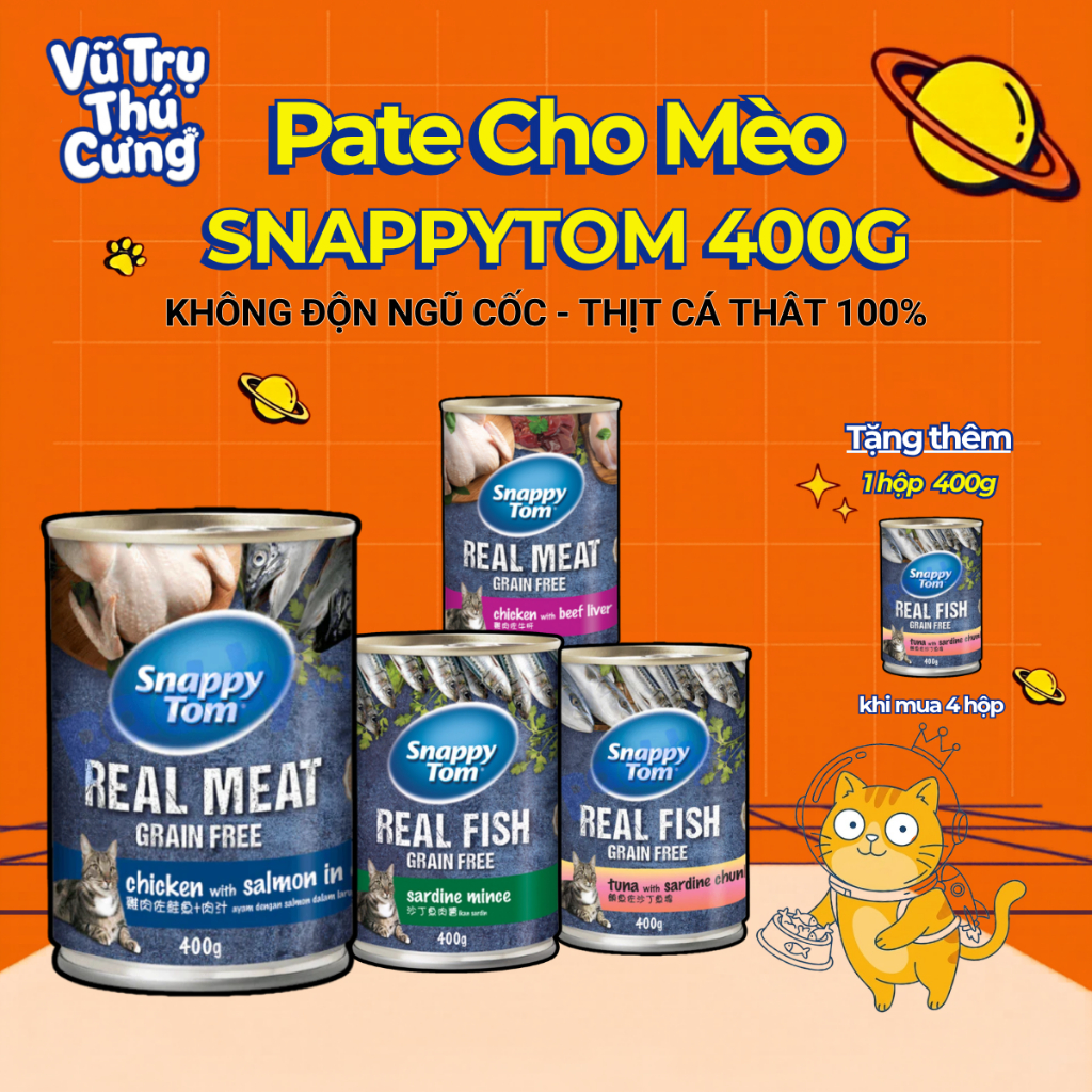 (Combo 4 Tặng 1) Pate Lon Cho Mèo Snappy Tom 400g Đa Dạng Hương Vị