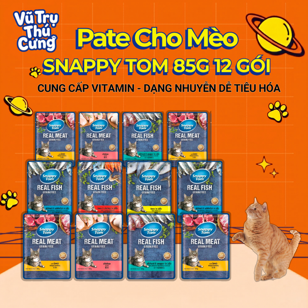 Combo 12 Gói Pate Mèo Snappy Tom Real Fish, Real Meat 85g