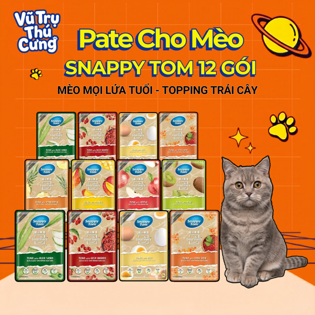Combo 12 Gói Pate Snappy Tom Trái Cây, Rau Củ Cho Mèo, Gói 70g