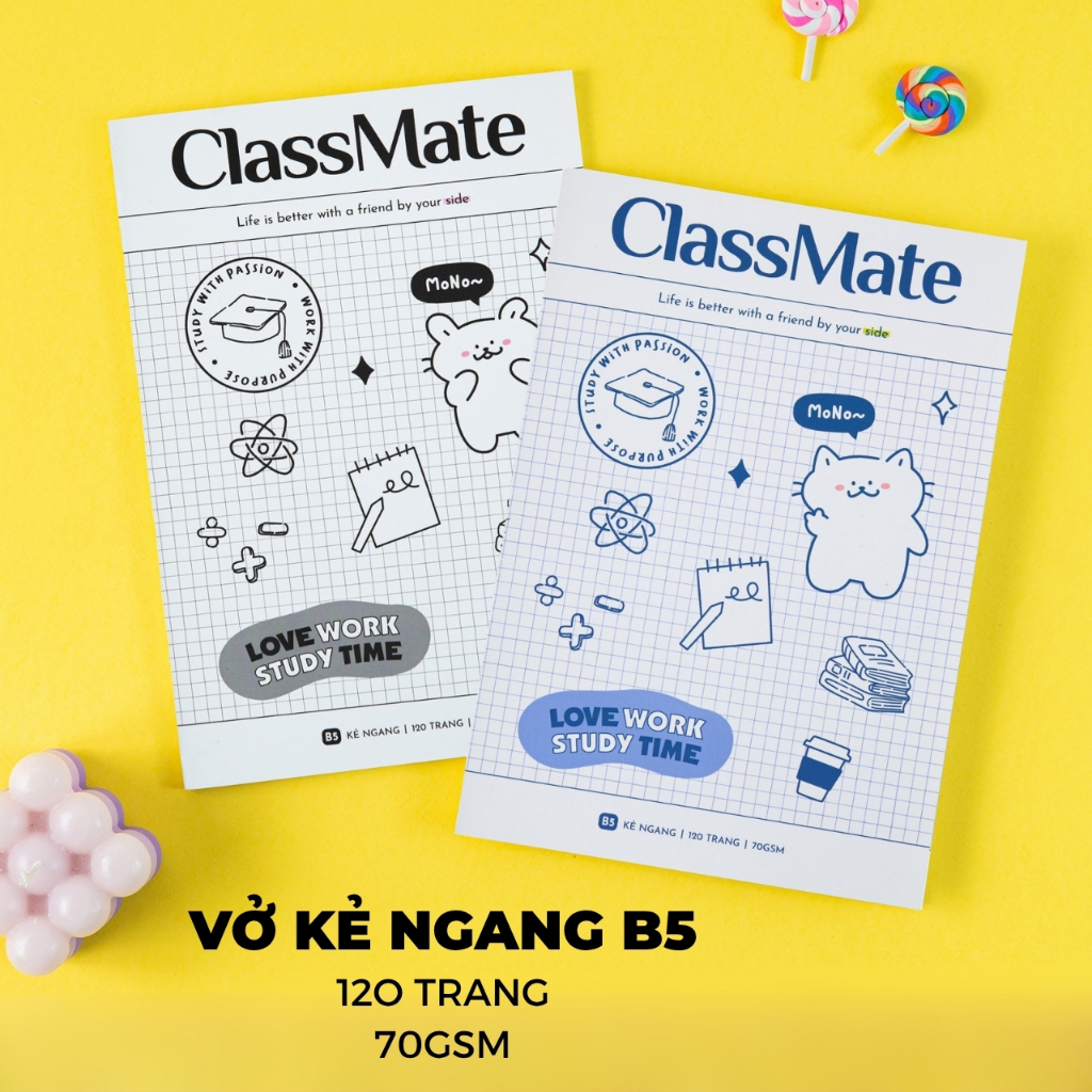 [63K Tặg Bút] Combo 5/10 Vở Kẻ Ngang B5 MoNo ClassMate 70GSM Bìa Chống Nước, Giấy Ăn Mực, Vở B5, 80/120 Trang Ghi Chép