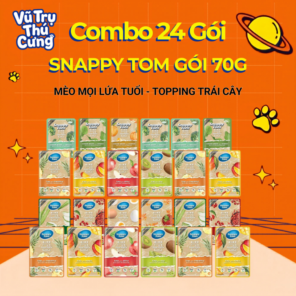Thùng 24 Gói Pate Snappy Tom Trái Cây Cho Mèo 70g Mix Vị