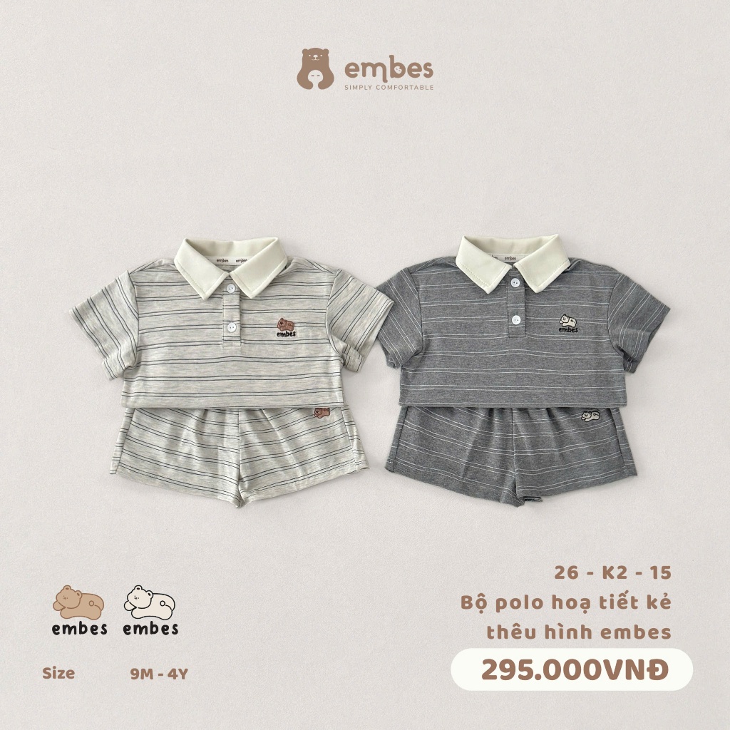 Bộ Cộc Bé Trai Embes, Bộ Polo Cộc Tay Họa Tiết Kẻ Ngang Thêu Hình Chất Cotton Cho Bé Trai Từ 8-17Kg