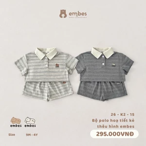Bộ Cộc Bé Trai Embes, Bộ Polo Cộc Tay Họa Tiết Kẻ Ngang Thêu Hình Chất Cotton Cho Bé Trai Từ 8-17Kg